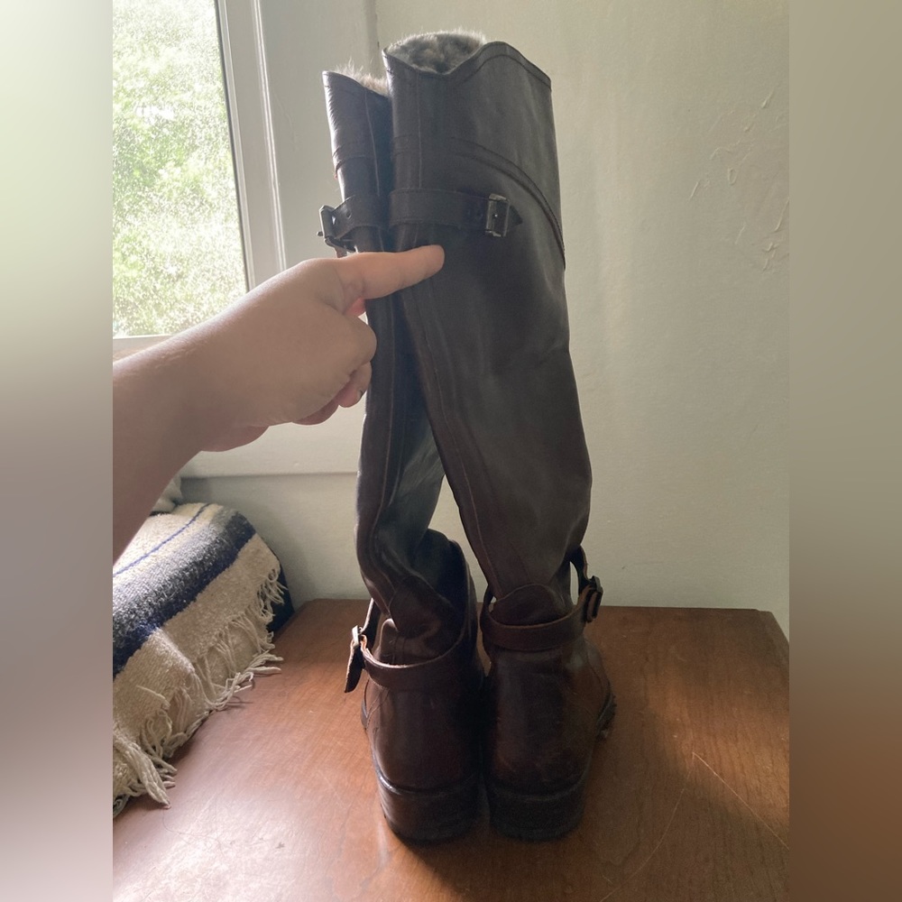 *Defect* Frye 9M Dorado Lug Riding Boots Brown w/ Rabbit Fur - Picture 3 of 15